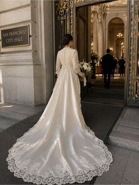 Vintage Wedding Gown with cathedral train 60’s vibes